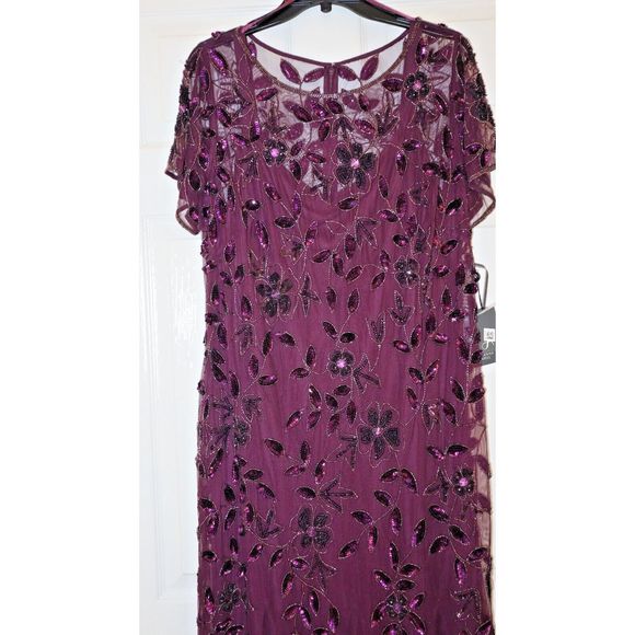 Adrianna Papell Plus Sz 16W Night Plum Hand Beaded S/S Floral Godet Gown $379 - Picture 4 of 10